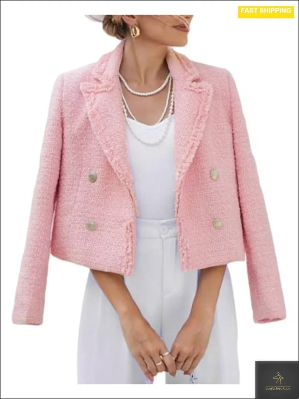 Women's Tweed Blazer Jacket Fringe Trim Notch Collar Double Breasted Long